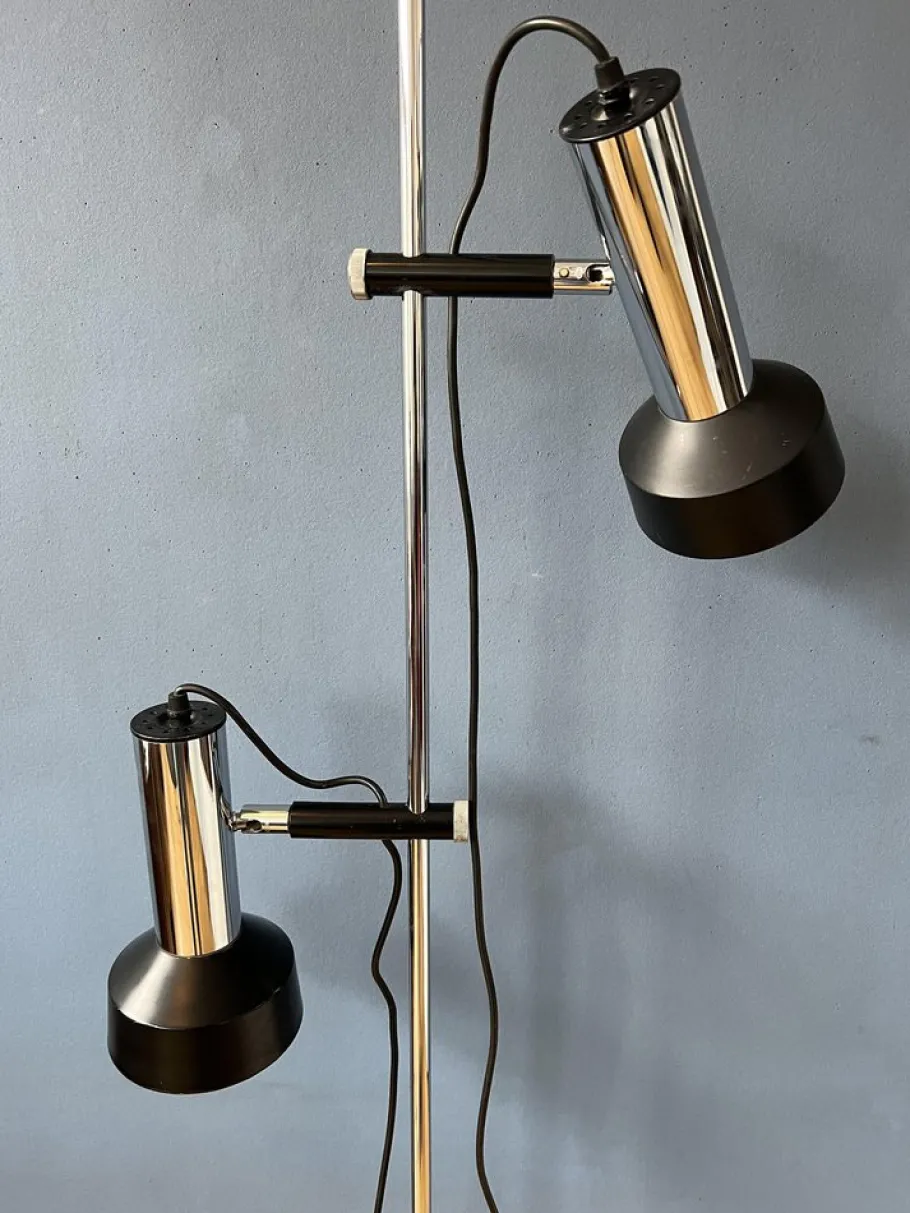 New Pamono Mid-Century Floor Lamp with Two Black and Chrome Spots, 1970s