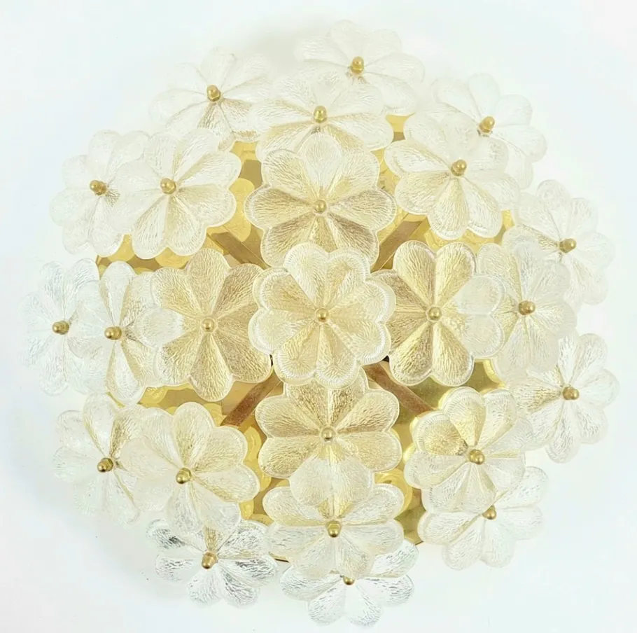 Clearance Pamono Mid-Century Floral Murano Glass and Brass Flush Mount by Ernst Palme for Palwa, Germany, 1960s