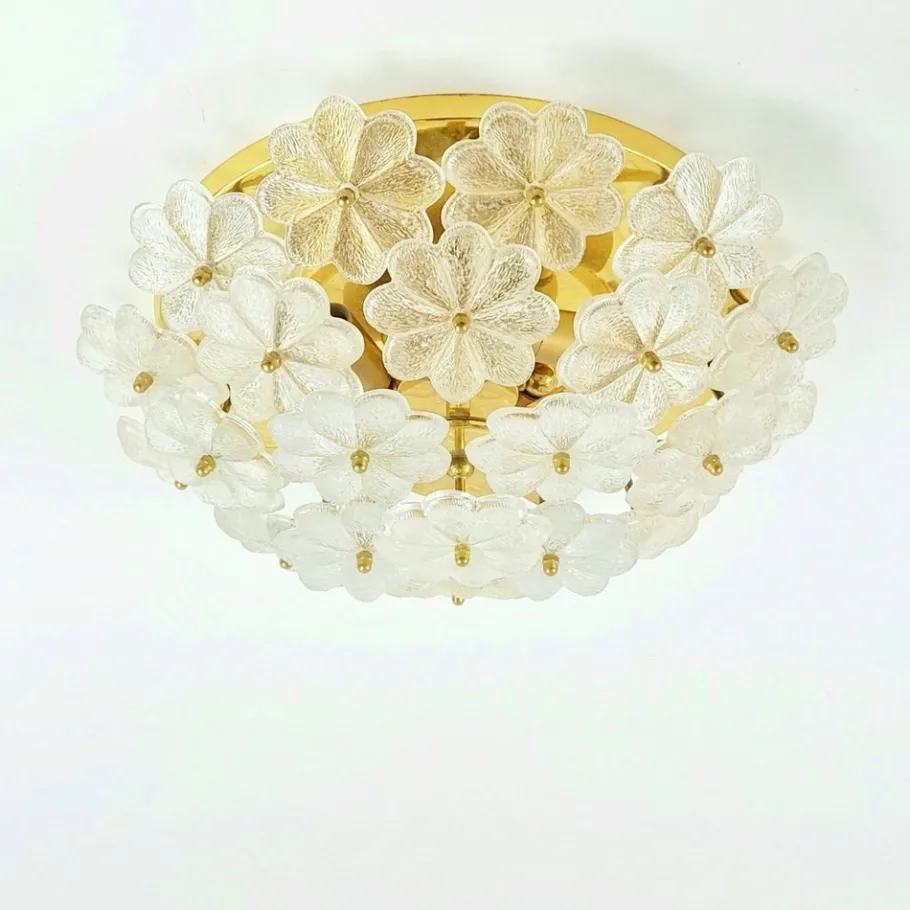 Clearance Pamono Mid-Century Floral Murano Glass and Brass Flush Mount by Ernst Palme for Palwa, Germany, 1960s