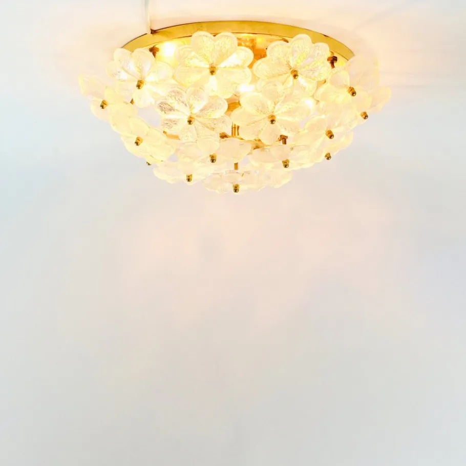 Clearance Pamono Mid-Century Floral Murano Glass and Brass Flush Mount by Ernst Palme for Palwa, Germany, 1960s