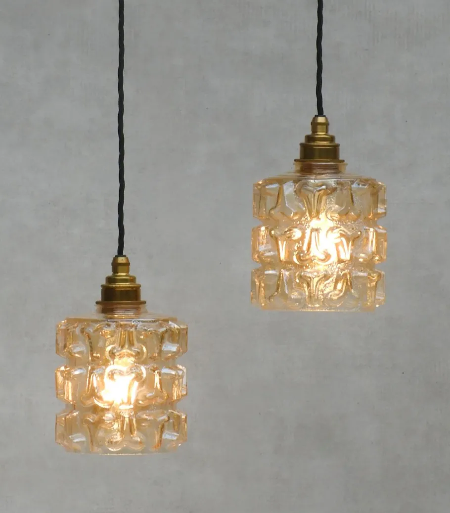 Clearance Pamono Mid-Century French Amber Glass Pendant Lights, 1970s, Set of 2