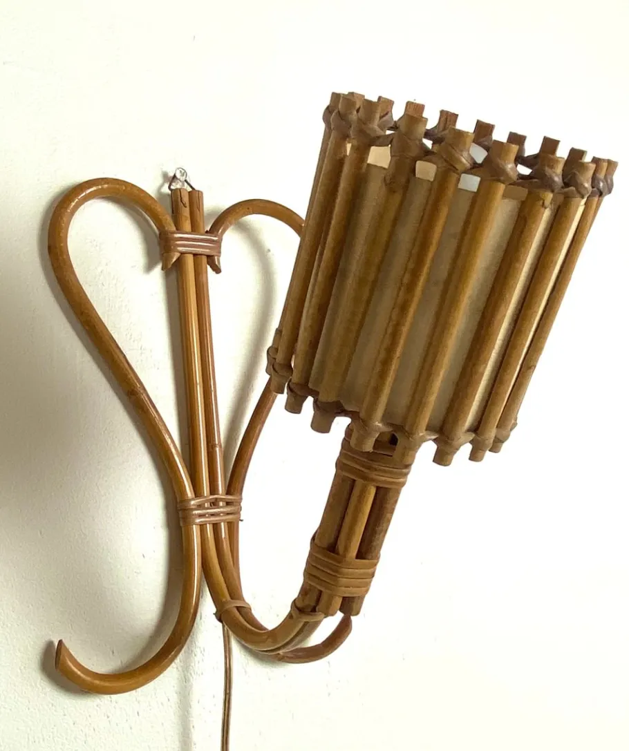 Clearance Pamono Mid-Century French Wall Lamp in Rattan by Louis Sognot