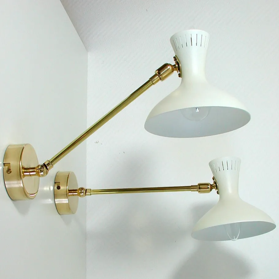 Clearance Pamono Mid-Century French White Brass Articulating Potence Sconces, 1950s, Set of 2