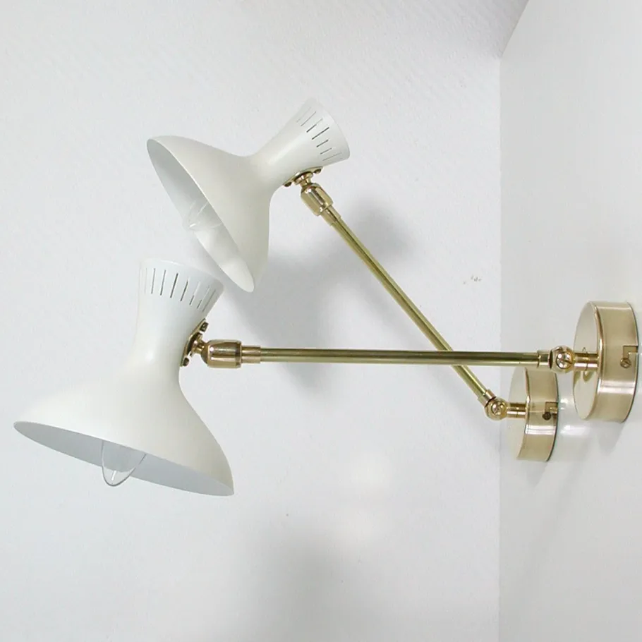 Clearance Pamono Mid-Century French White Brass Articulating Potence Sconces, 1950s, Set of 2