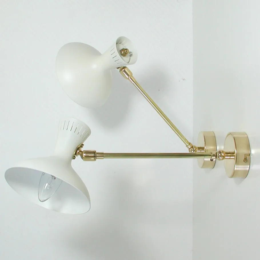 Clearance Pamono Mid-Century French White Brass Articulating Potence Sconces, 1950s, Set of 2
