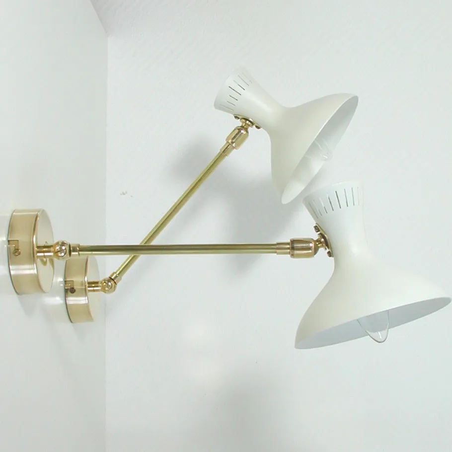 Clearance Pamono Mid-Century French White Brass Articulating Potence Sconces, 1950s, Set of 2