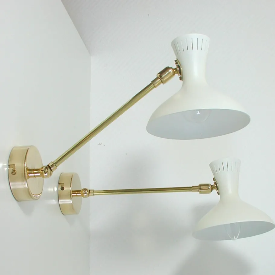 Clearance Pamono Mid-Century French White Brass Articulating Potence Sconces, 1950s, Set of 2