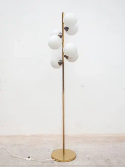 New Pamono Mid-Century German Opaline Globe Floor Lamp in Brass from Kaiser, 1959