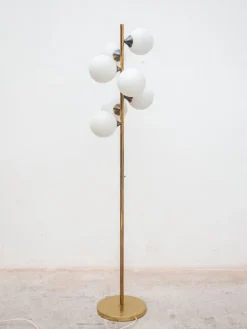 New Pamono Mid-Century German Opaline Globe Floor Lamp in Brass from Kaiser, 1959
