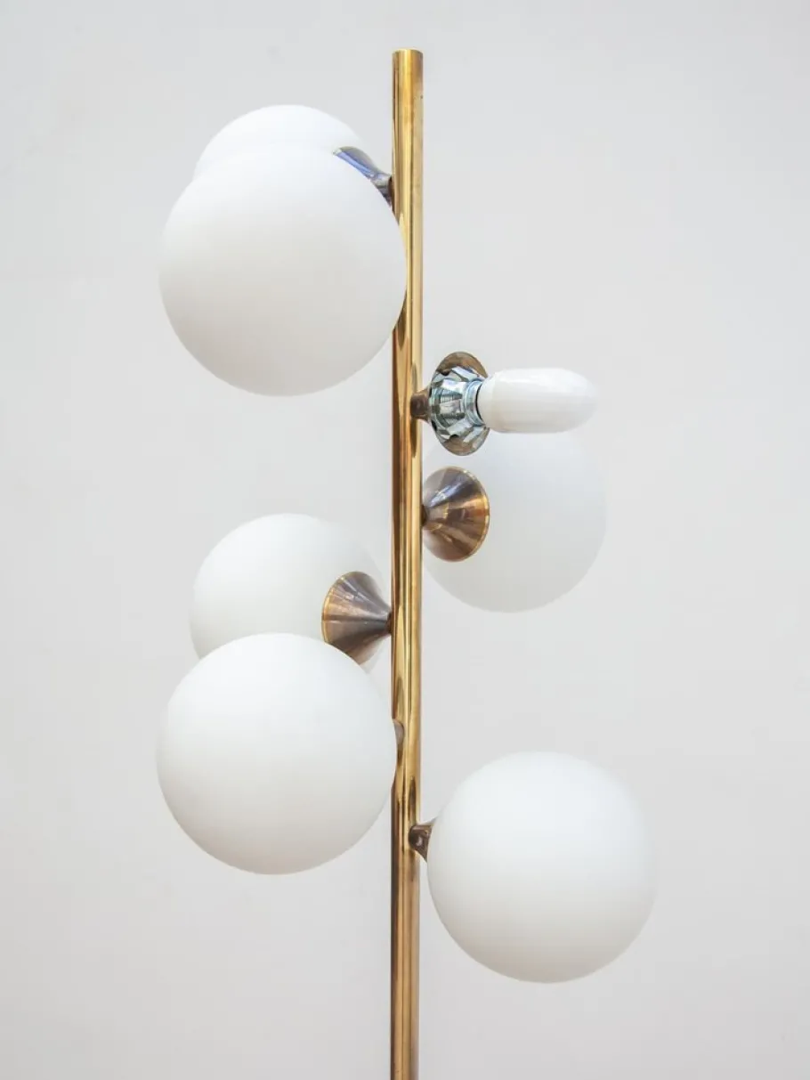 New Pamono Mid-Century German Opaline Globe Floor Lamp in Brass from Kaiser, 1959