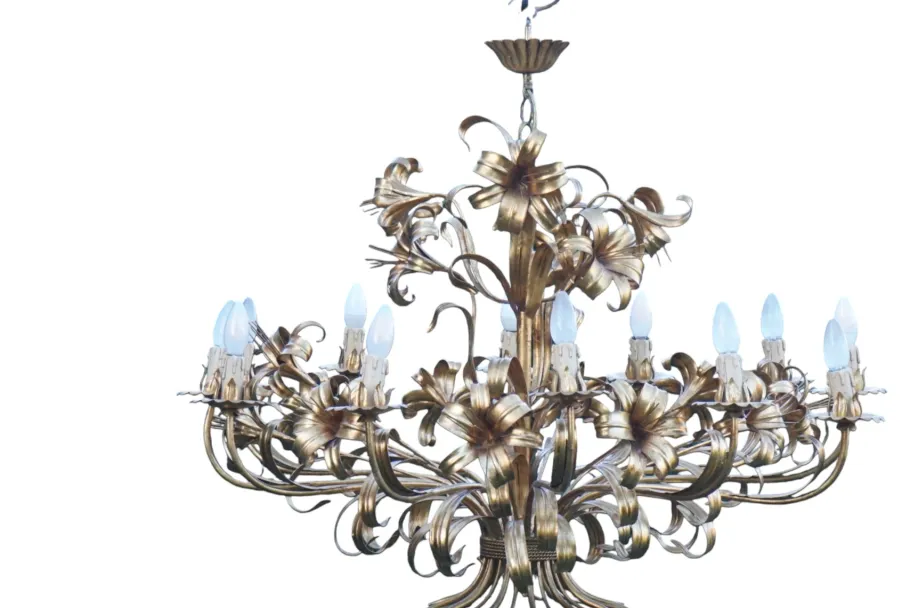 Best Pamono Mid-Century Hollywood Regency Gilt Floral Lily 12-Light Chandelier attributed to Hans Kögl, Italy, 1970s