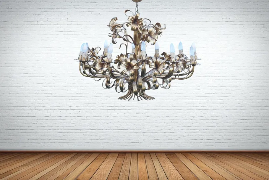 Best Pamono Mid-Century Hollywood Regency Gilt Floral Lily 12-Light Chandelier attributed to Hans Kögl, Italy, 1970s