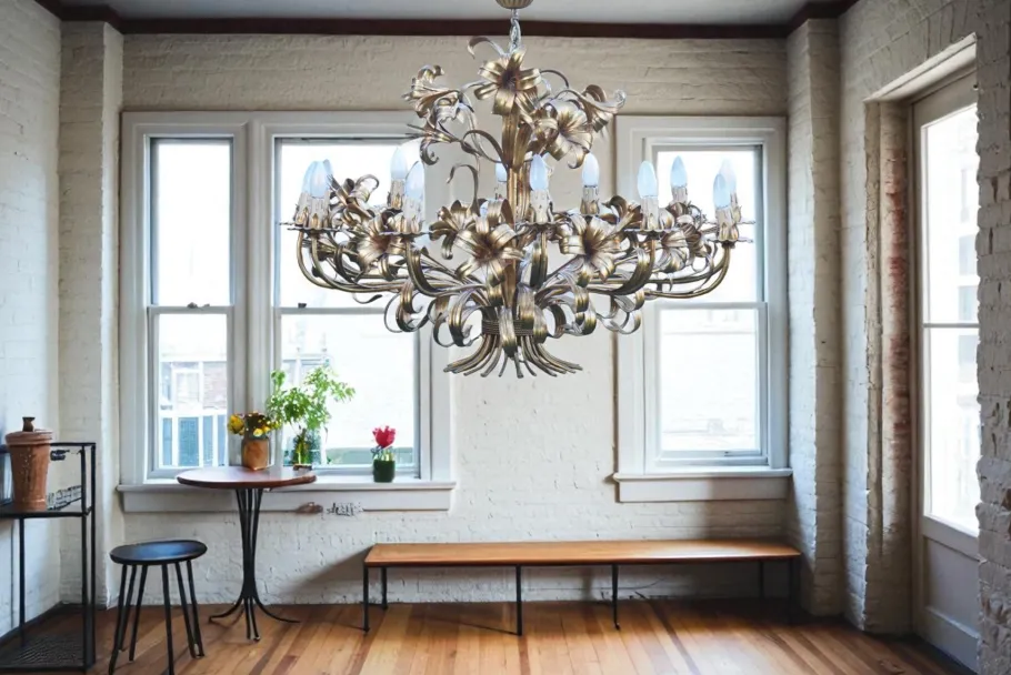 Best Pamono Mid-Century Hollywood Regency Gilt Floral Lily 12-Light Chandelier attributed to Hans Kögl, Italy, 1970s