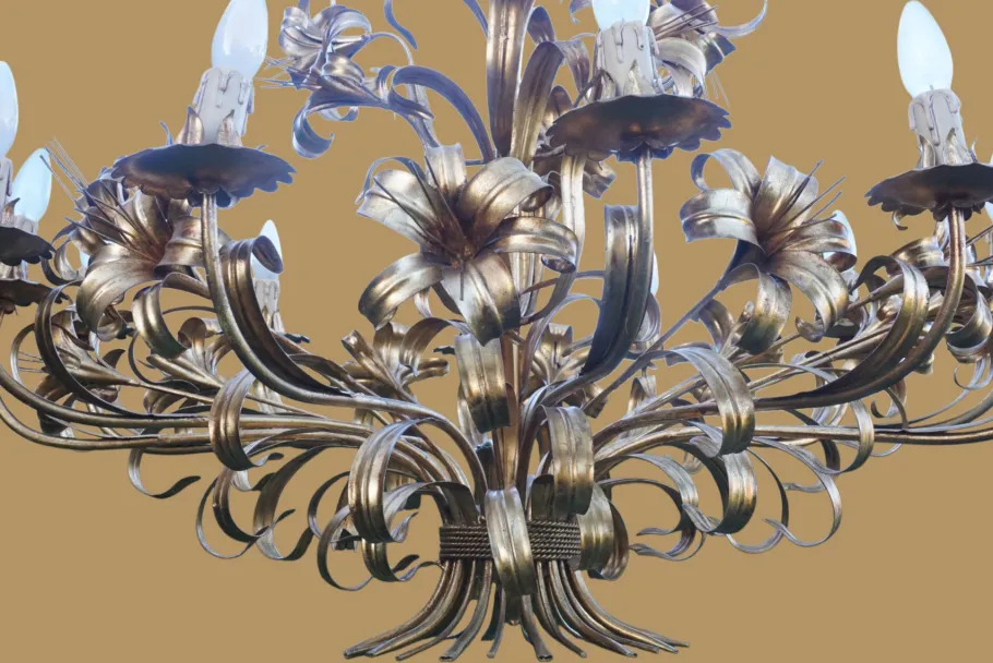 Best Pamono Mid-Century Hollywood Regency Gilt Floral Lily 12-Light Chandelier attributed to Hans Kögl, Italy, 1970s