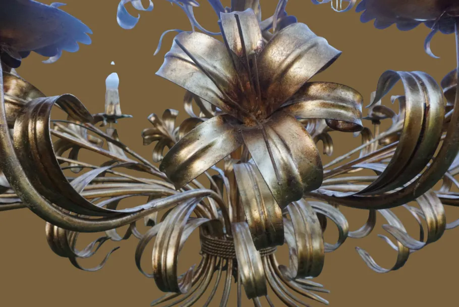 Best Pamono Mid-Century Hollywood Regency Gilt Floral Lily 12-Light Chandelier attributed to Hans Kögl, Italy, 1970s