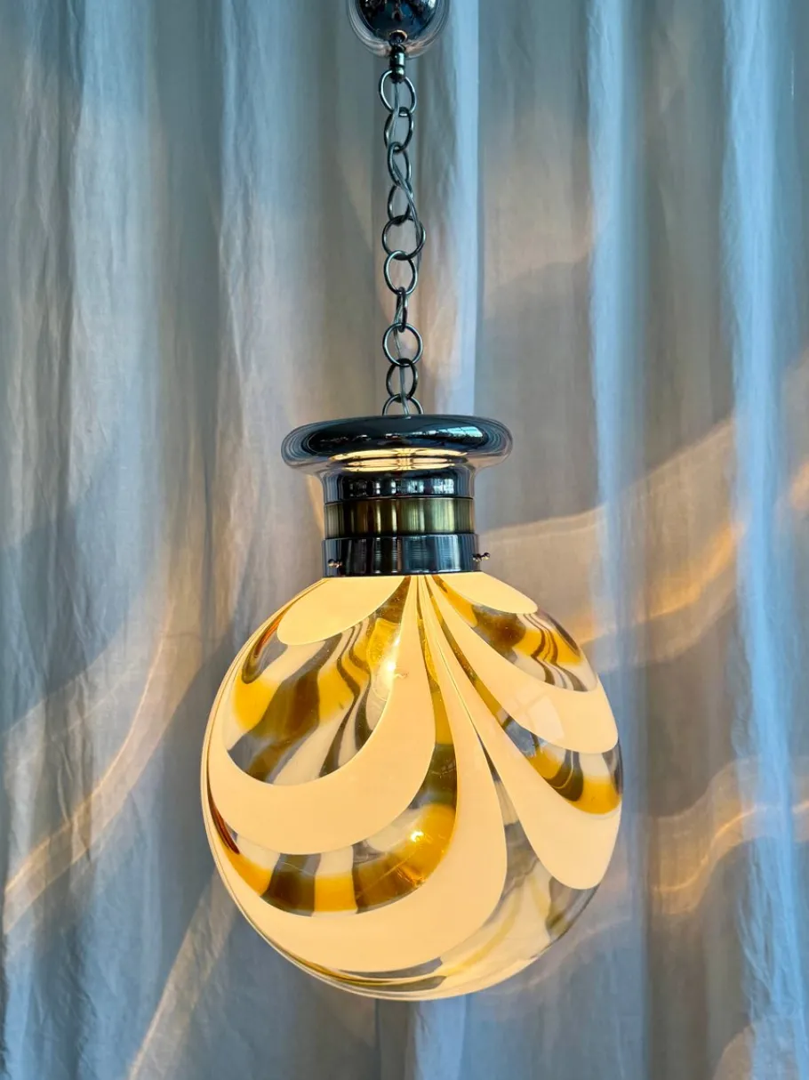 Sale Pamono Mid-Century Italian Amber and White Swirl Murano Glass Globe Pendant, 1960s