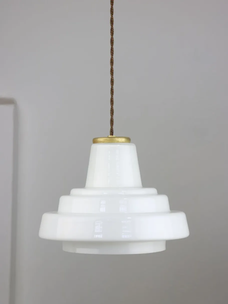 New Pamono Mid-Century Italian Brass and Opaline Pendant Lamp