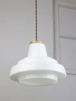 New Pamono Mid-Century Italian Brass and Opaline Pendant Lamp