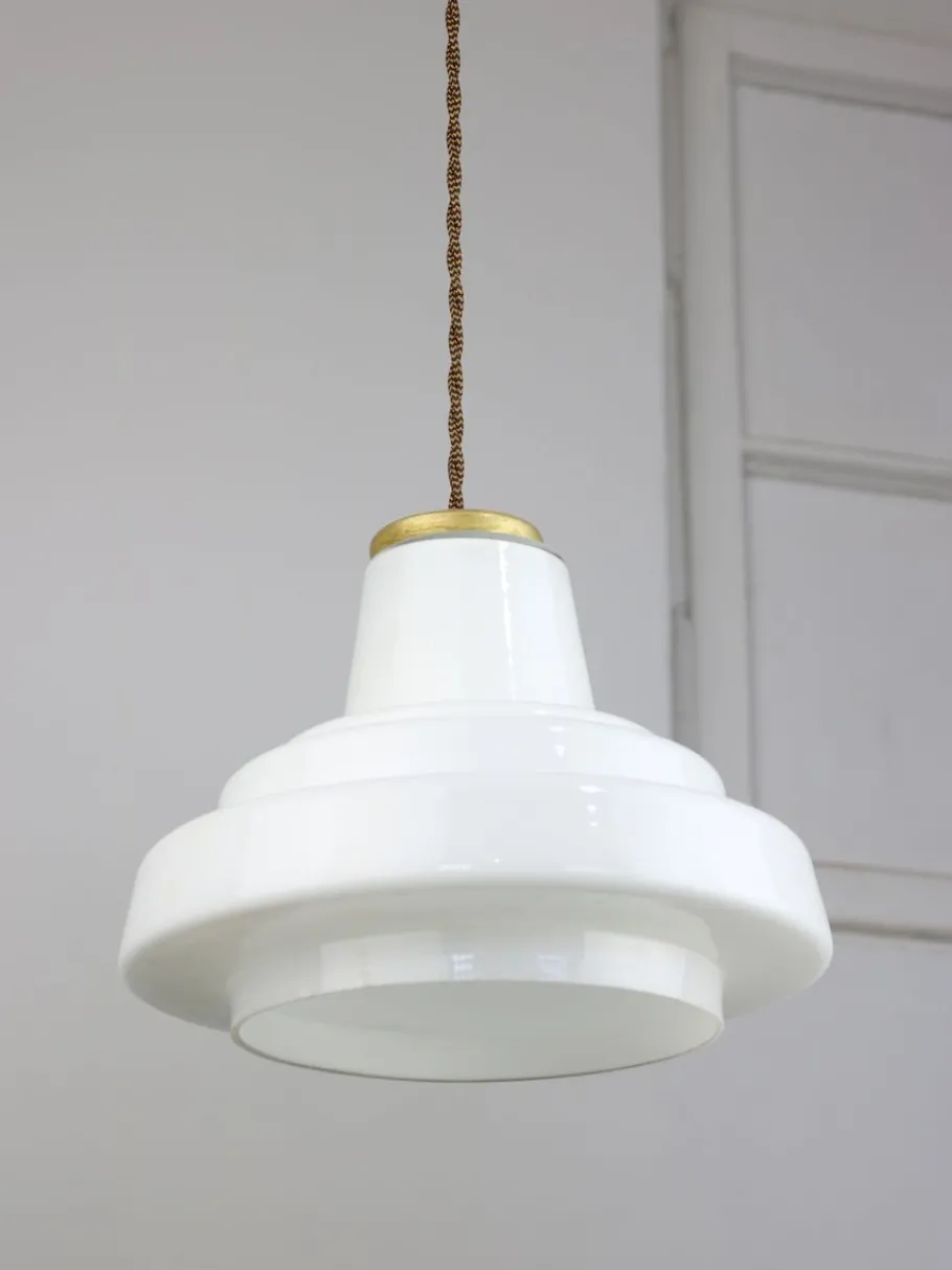 New Pamono Mid-Century Italian Brass and Opaline Pendant Lamp
