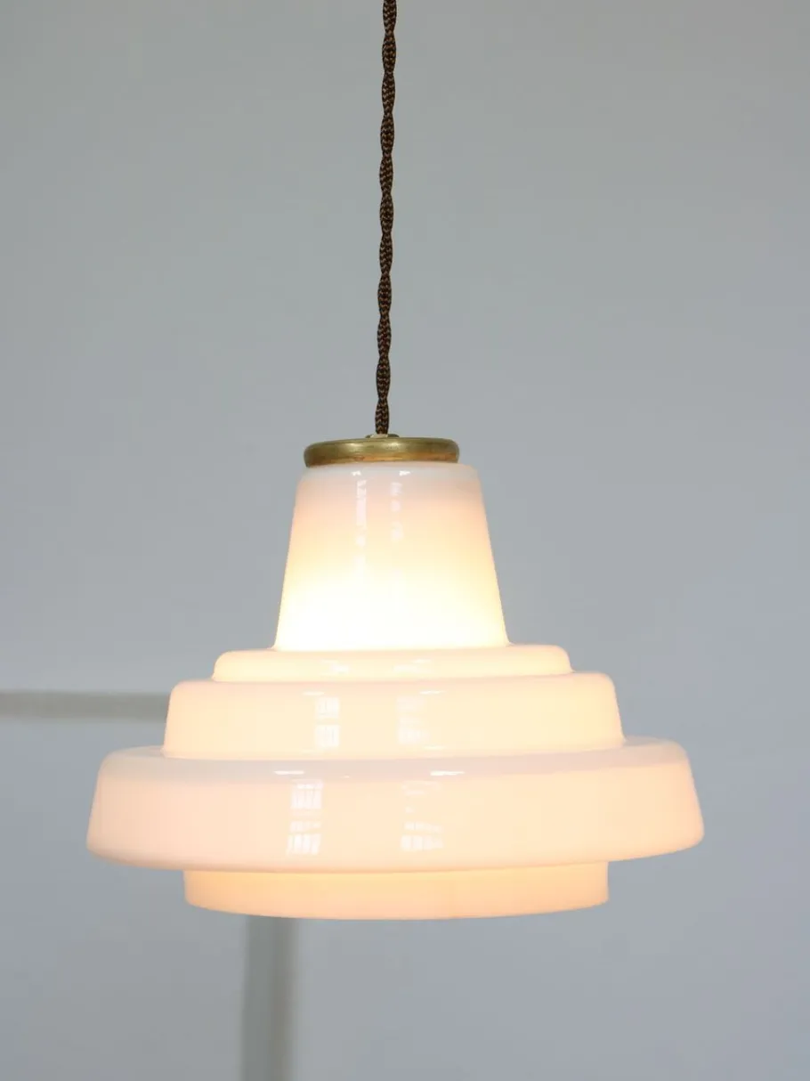 New Pamono Mid-Century Italian Brass and Opaline Pendant Lamp