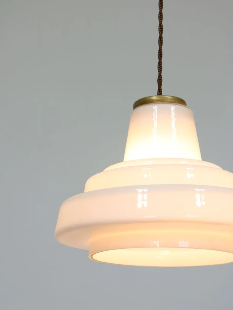 New Pamono Mid-Century Italian Brass and Opaline Pendant Lamp