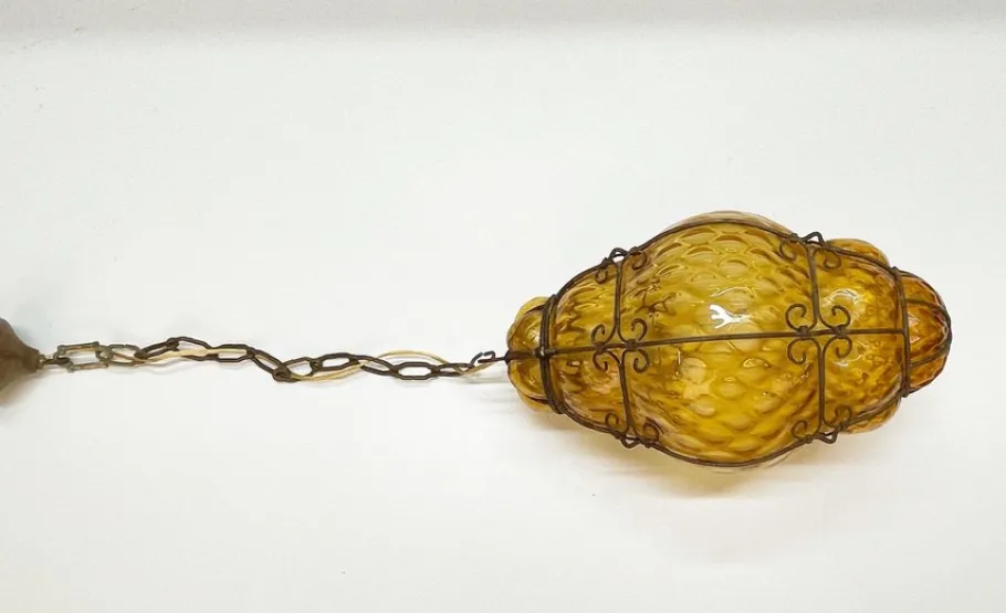 Sale Pamono Mid-Century Italian Handblown Murano Amber Glass Cage Pendant Light from Seguso, 1940s