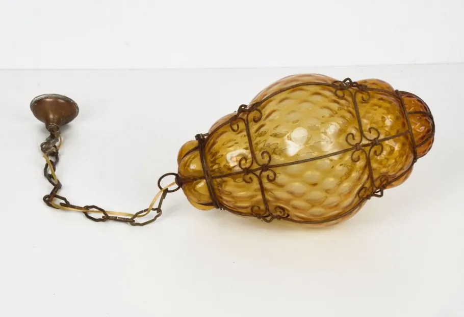 Sale Pamono Mid-Century Italian Handblown Murano Amber Glass Cage Pendant Light from Seguso, 1940s