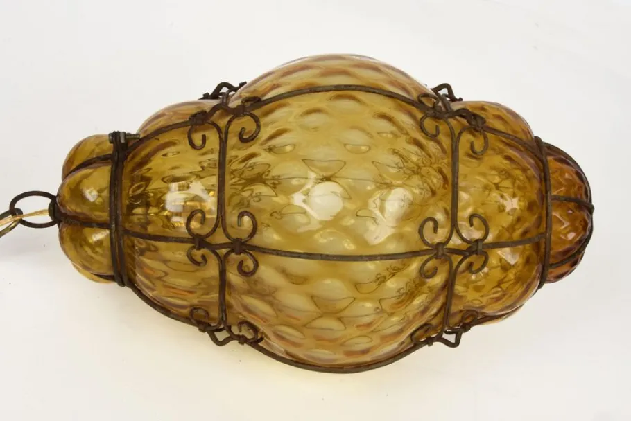 Sale Pamono Mid-Century Italian Handblown Murano Amber Glass Cage Pendant Light from Seguso, 1940s