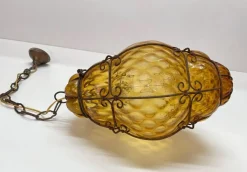 Sale Pamono Mid-Century Italian Handblown Murano Amber Glass Cage Pendant Light from Seguso, 1940s