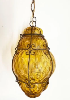 Sale Pamono Mid-Century Italian Handblown Murano Amber Glass Cage Pendant Light from Seguso, 1940s