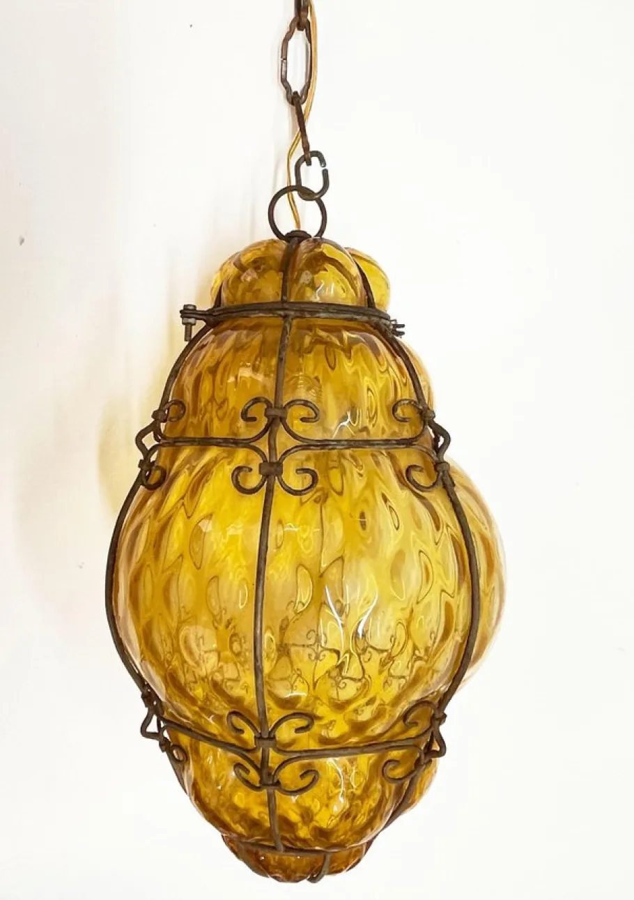 Sale Pamono Mid-Century Italian Handblown Murano Amber Glass Cage Pendant Light from Seguso, 1940s