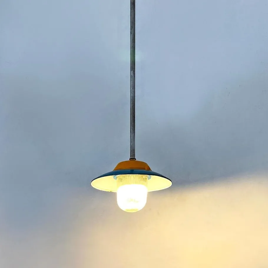 Clearance Pamono Mid-Century Italian Industrial Metal Colored Chandelier by Palazzoli, 1950s