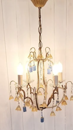 Clearance Pamono Mid-Century Italian 4-Light Chandelier with Colored Glass Hangings, 1950s