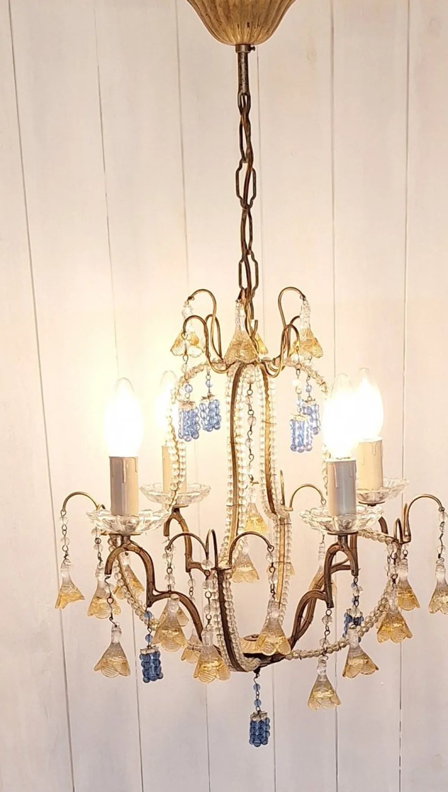 Clearance Pamono Mid-Century Italian 4-Light Chandelier with Colored Glass Hangings, 1950s