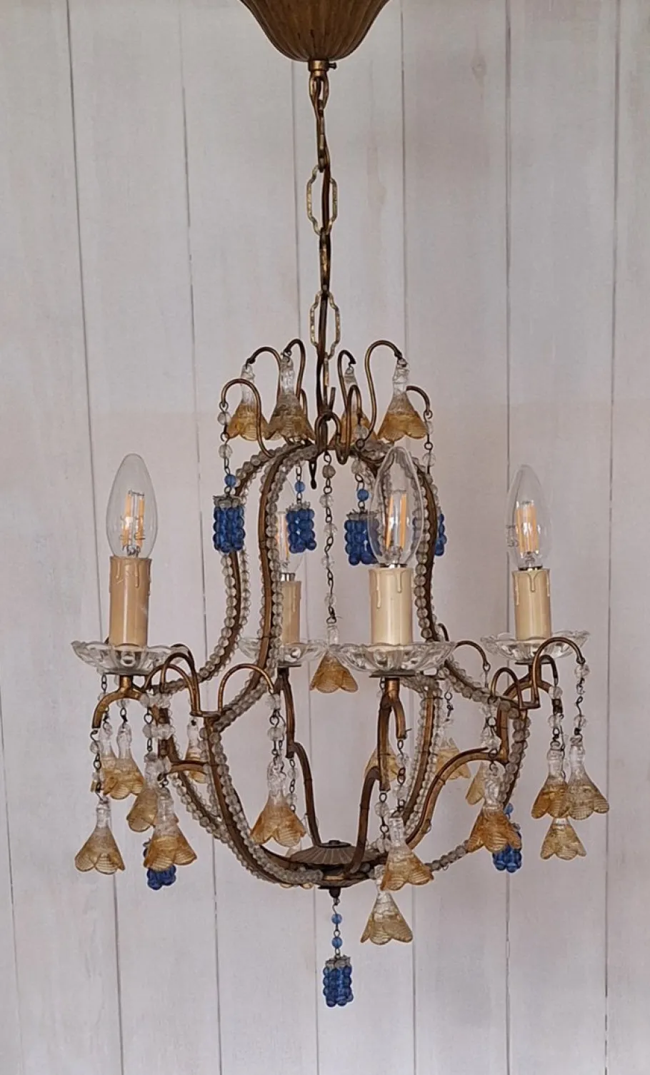 Clearance Pamono Mid-Century Italian 4-Light Chandelier with Colored Glass Hangings, 1950s