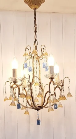 Clearance Pamono Mid-Century Italian 4-Light Chandelier with Colored Glass Hangings, 1950s