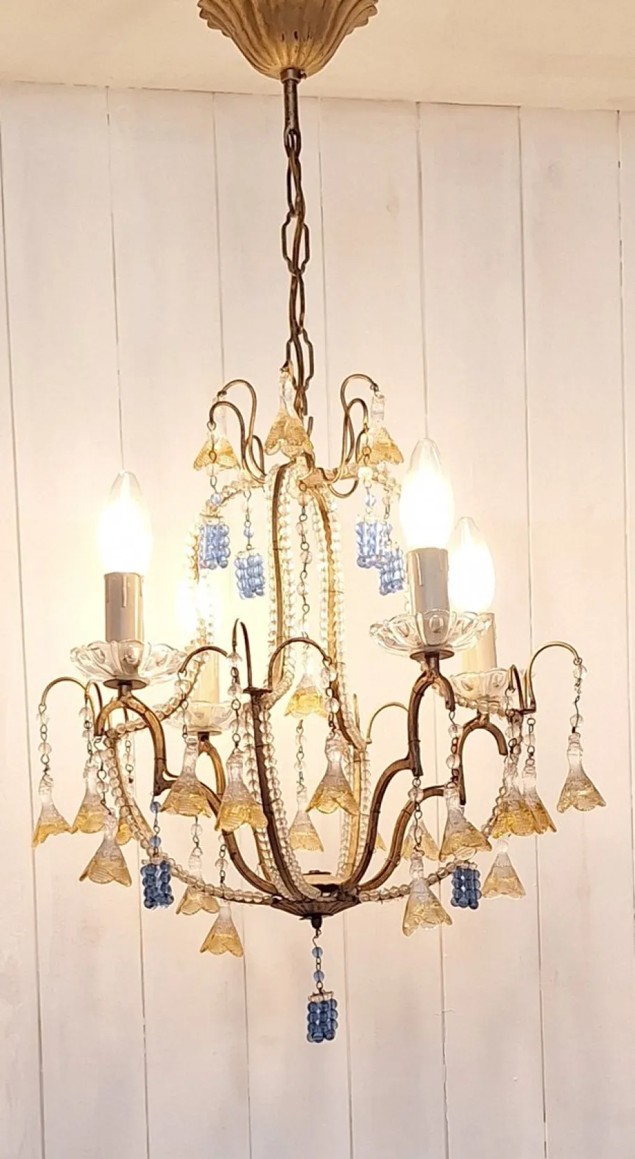 Clearance Pamono Mid-Century Italian 4-Light Chandelier with Colored Glass Hangings, 1950s