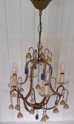 Clearance Pamono Mid-Century Italian 4-Light Chandelier with Colored Glass Hangings, 1950s
