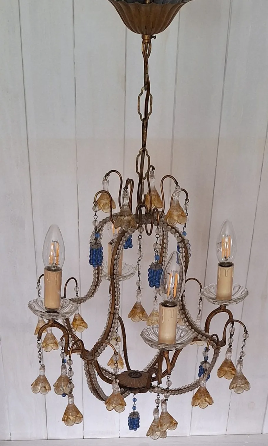 Clearance Pamono Mid-Century Italian 4-Light Chandelier with Colored Glass Hangings, 1950s