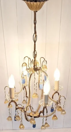 Clearance Pamono Mid-Century Italian 4-Light Chandelier with Colored Glass Hangings, 1950s