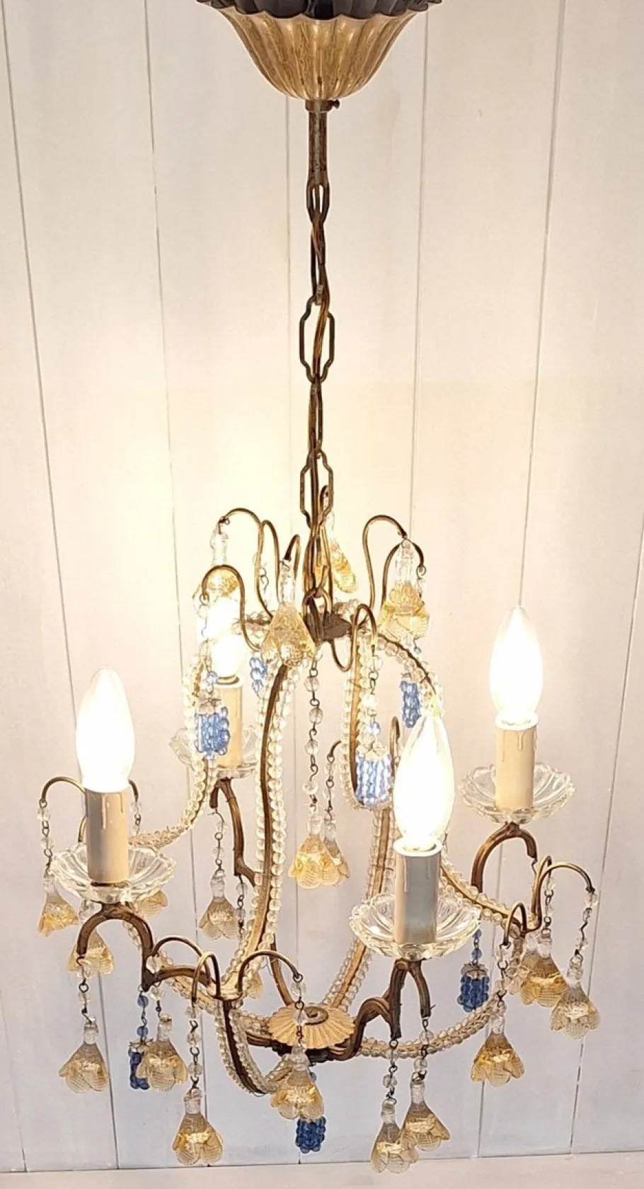 Clearance Pamono Mid-Century Italian 4-Light Chandelier with Colored Glass Hangings, 1950s