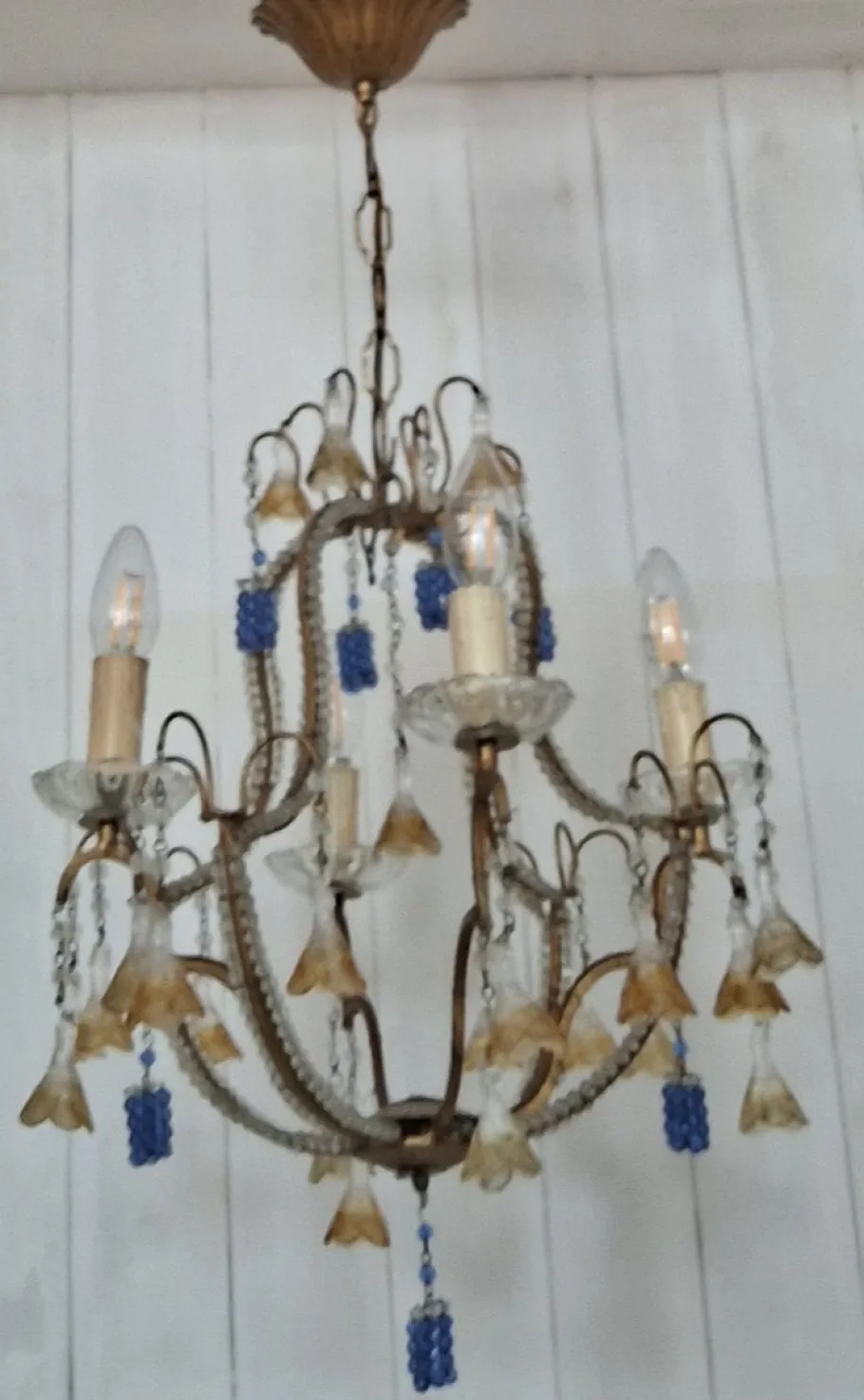 Clearance Pamono Mid-Century Italian 4-Light Chandelier with Colored Glass Hangings, 1950s