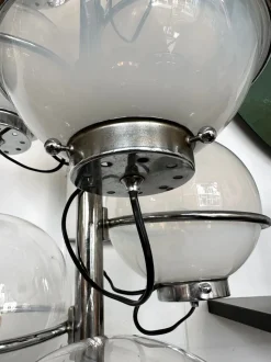 Clearance Pamono Mid-Century Italian Modern Metal and White Smoke Glass Globe Floor Lamp attributed to Candle, 1970s