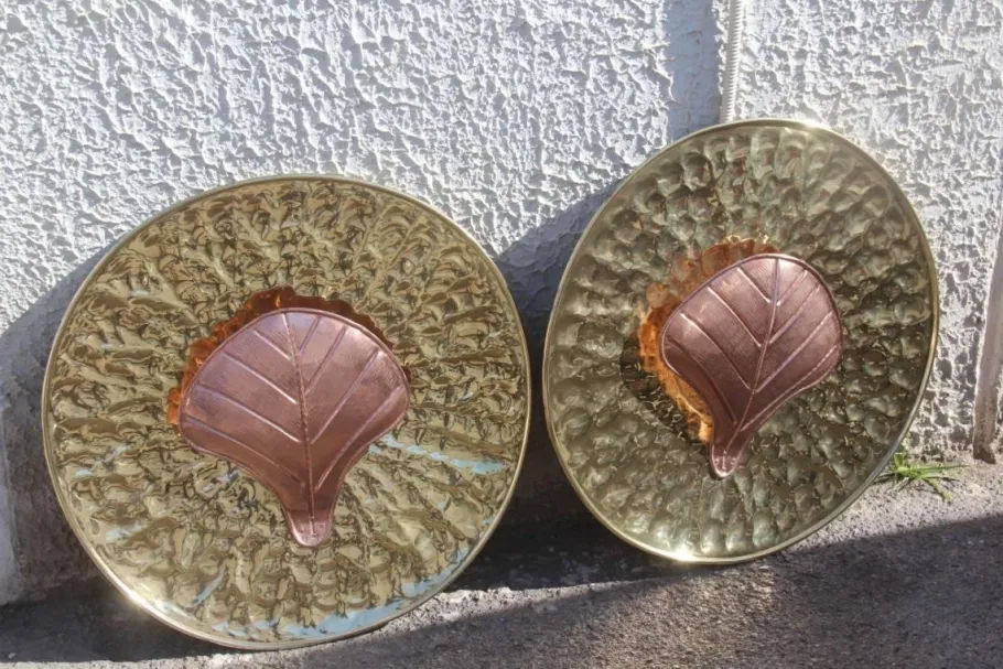 Discount Pamono Mid-Century Italian Round Wall Brass & Copper Sconces, 1970s, Set of 2