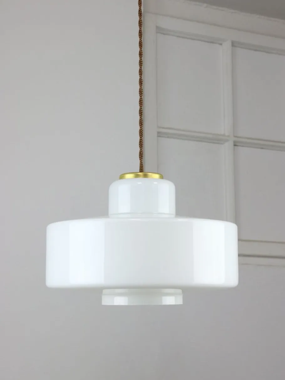 New Pamono Mid-Century Italian White Glass and Brass Pendant Lamp
