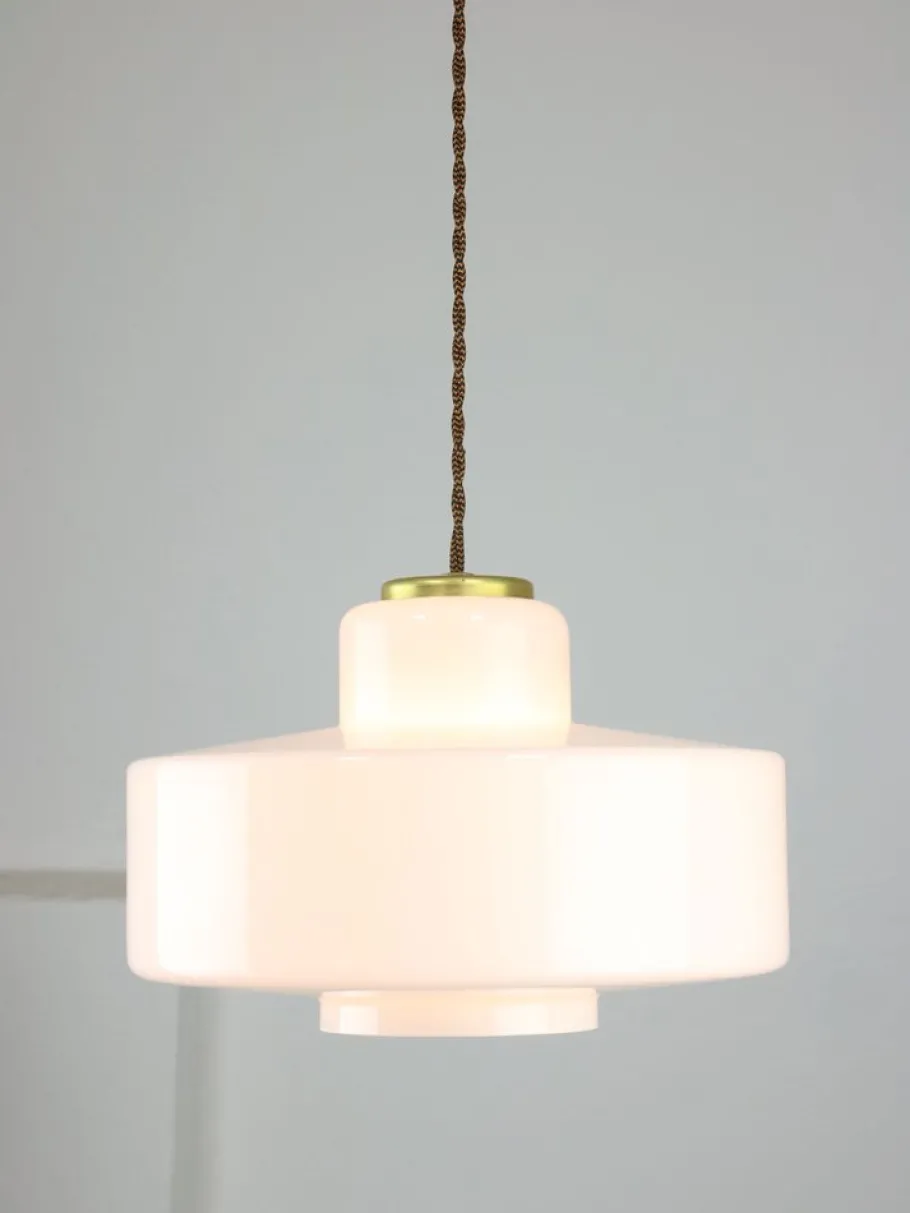 New Pamono Mid-Century Italian White Glass and Brass Pendant Lamp