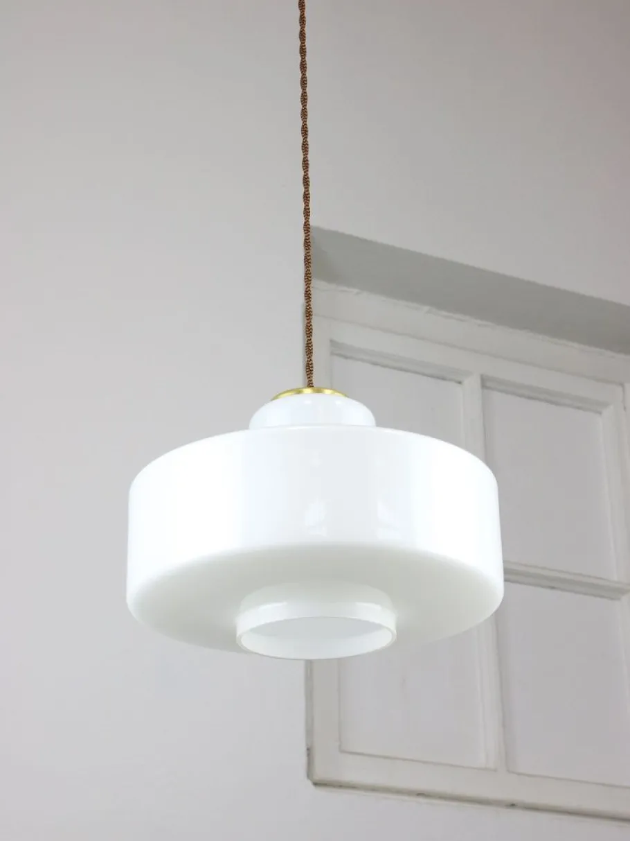 New Pamono Mid-Century Italian White Glass and Brass Pendant Lamp