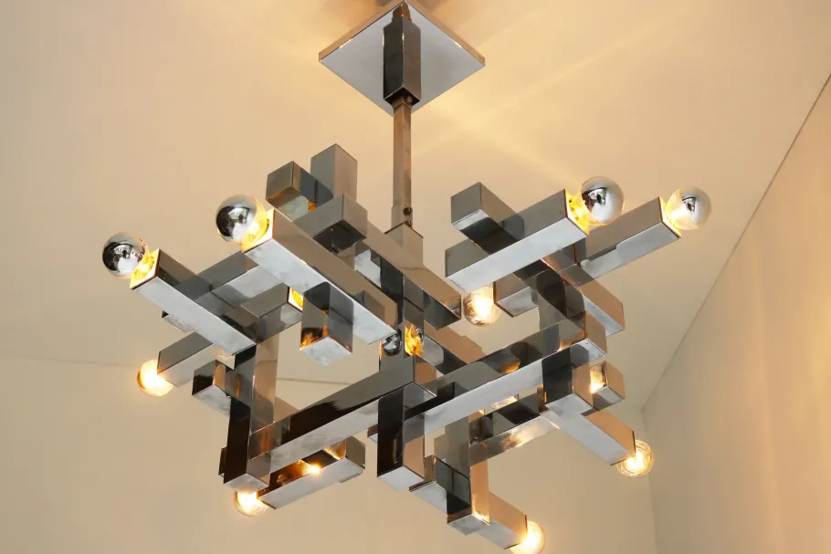 Clearance Pamono Mid-Century Metric Chandelier in Chrome by Gaetano Sciolari, 1960s