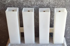 New Pamono Mid-Century Minimalist Cuboid Wall Lamps in White Metal with Double Opaque White Glass Shades from Doria, 1960s, Set of 2