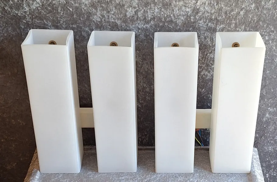 New Pamono Mid-Century Minimalist Cuboid Wall Lamps in White Metal with Double Opaque White Glass Shades from Doria, 1960s, Set of 2